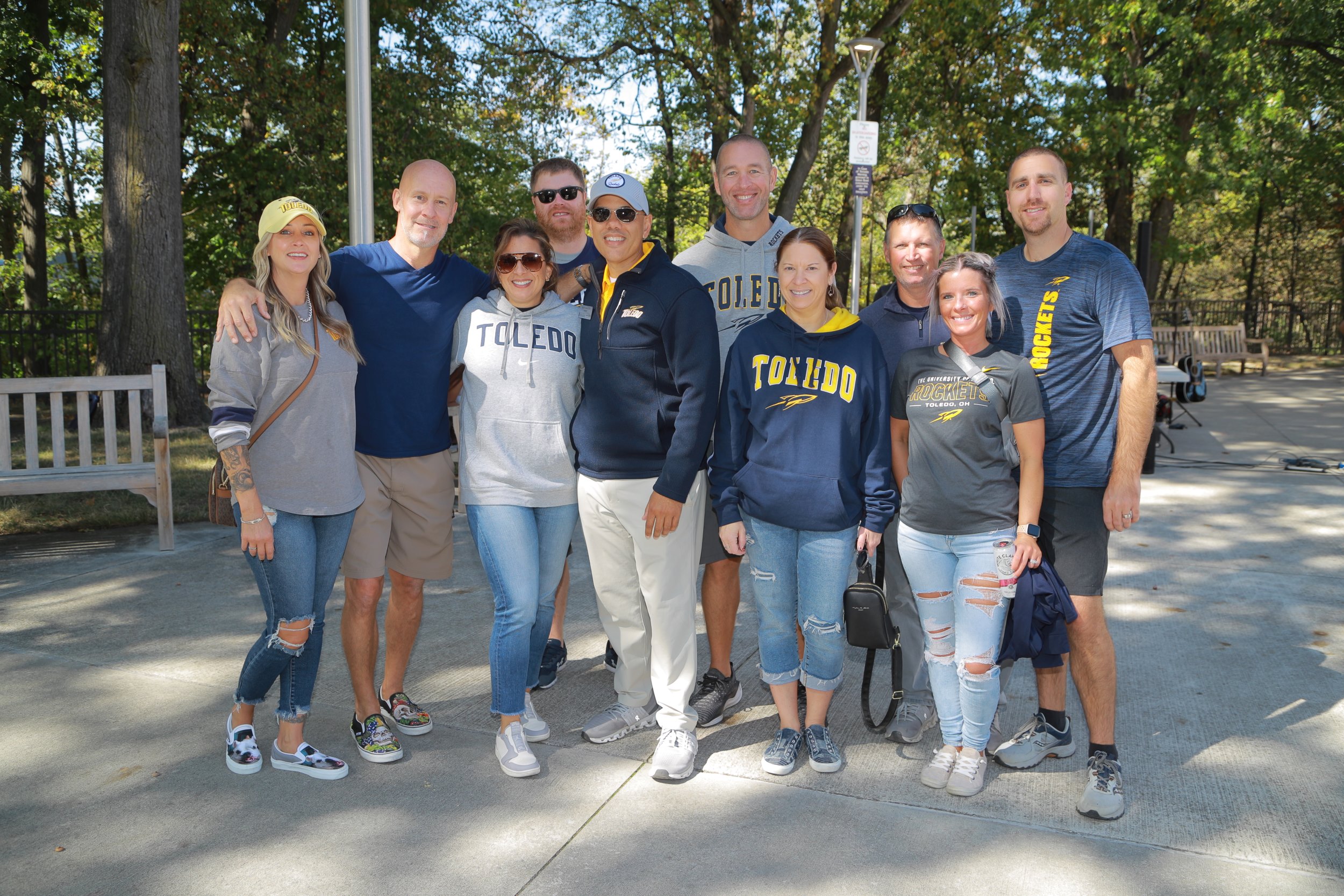 Group of Rocket alumni and friends gather at the Homecoming Pregame Party outside Koester Alumni Pavilion.